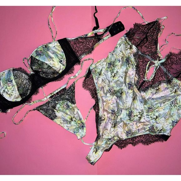 Victoria's Secret Designer 36C BRA SET+L TEDDY FANTASY ISLAND GREEN BLACK SILK